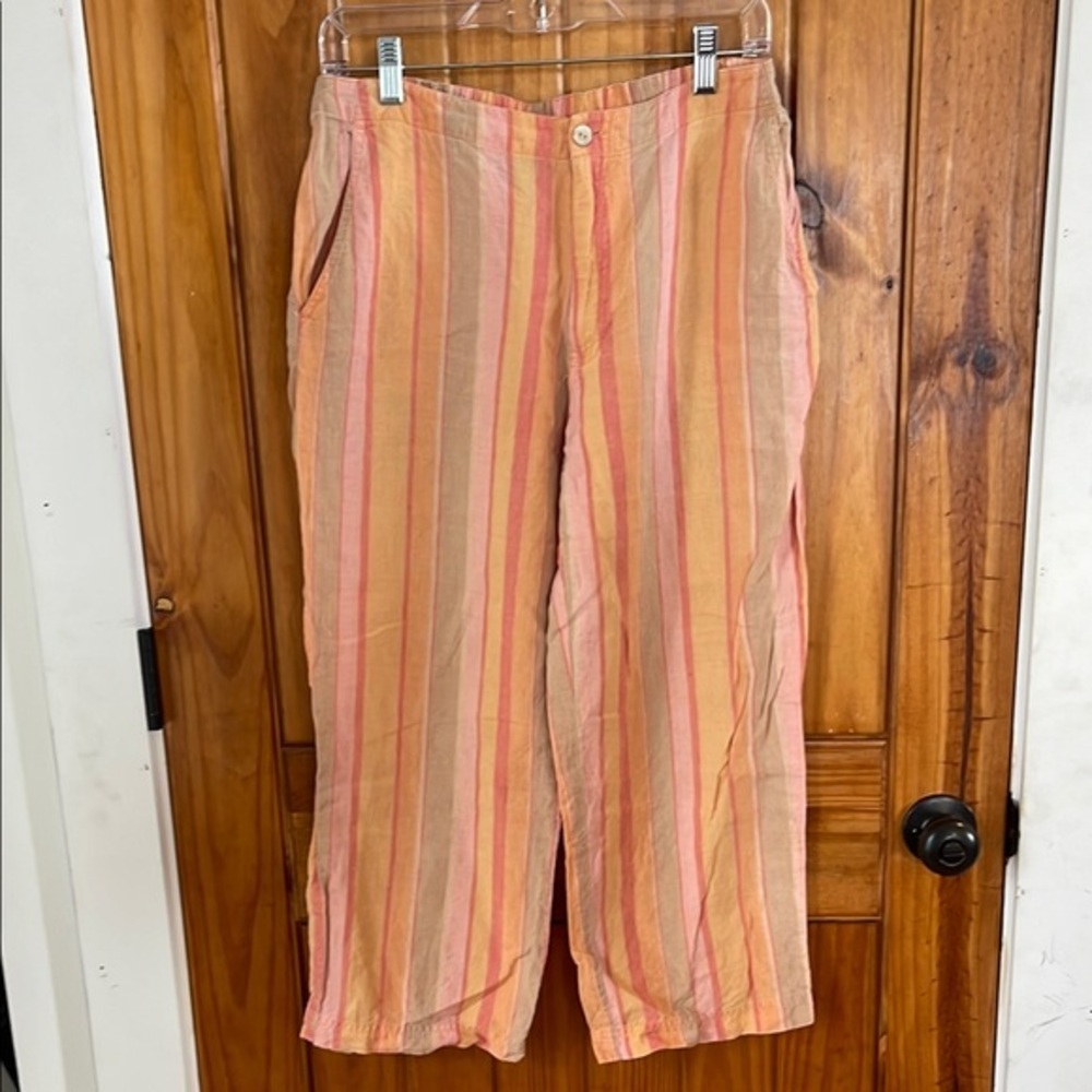 Sigrid Olsen SO Blue Peach, Pink & Tan Striped Cropped Pants 6 Elastic waist